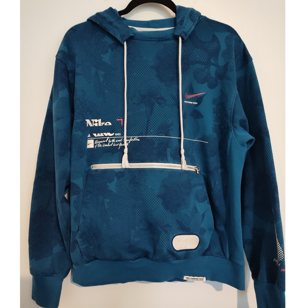 Nike Standard Issue Dri-FIT Hoodie Teal Floral Halftone Grid Graphic Mens Medium